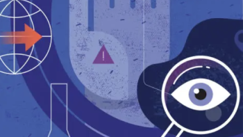 Blue background with a light blue hand icon and white outlines globe icon a test vessel icon and a magnifying glass with an eye inside
